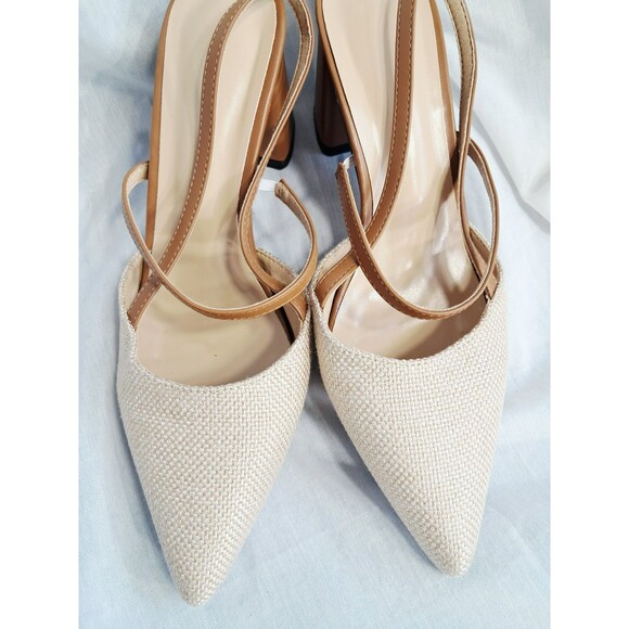 Women’s Point Toe Slingback Chunky Heels – Brown & Beige Linen  41 US 10 - Picture 6 of 10